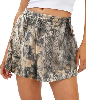 Camo Sweat Shorts for Women Drawstring Elastic Waist Maple Leaf Print Lounge Athletic Shorts with Pockets