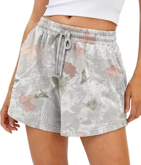 Camo Sweat Shorts for Women Drawstring Elastic Waist Maple Leaf Print Lounge Athletic Shorts with Pockets
