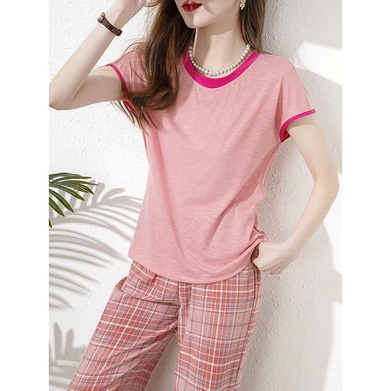 Chic Loose Fit Pink Color Blocking Round Neck Short Sleeve Tee