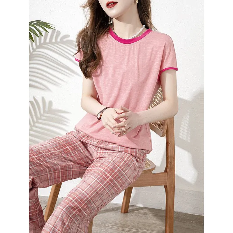 Chic Loose Fit Pink Color Blocking Round Neck Short Sleeve Tee