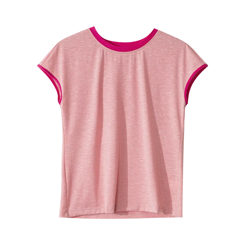 Chic Loose Fit Pink Color Blocking Round Neck Short Sleeve Tee