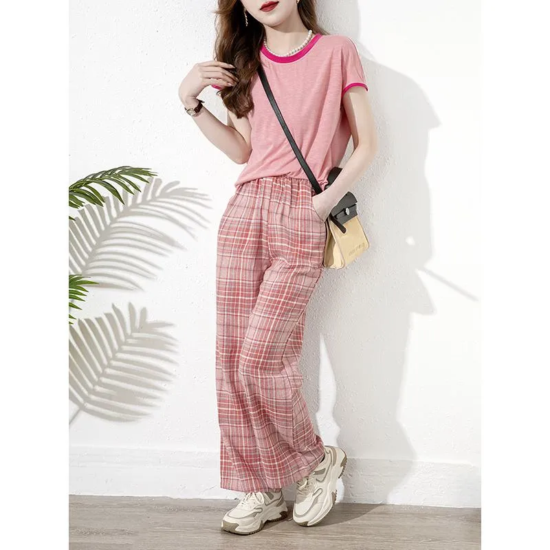 Chic Loose Fit Pink Color Blocking Round Neck Short Sleeve Tee