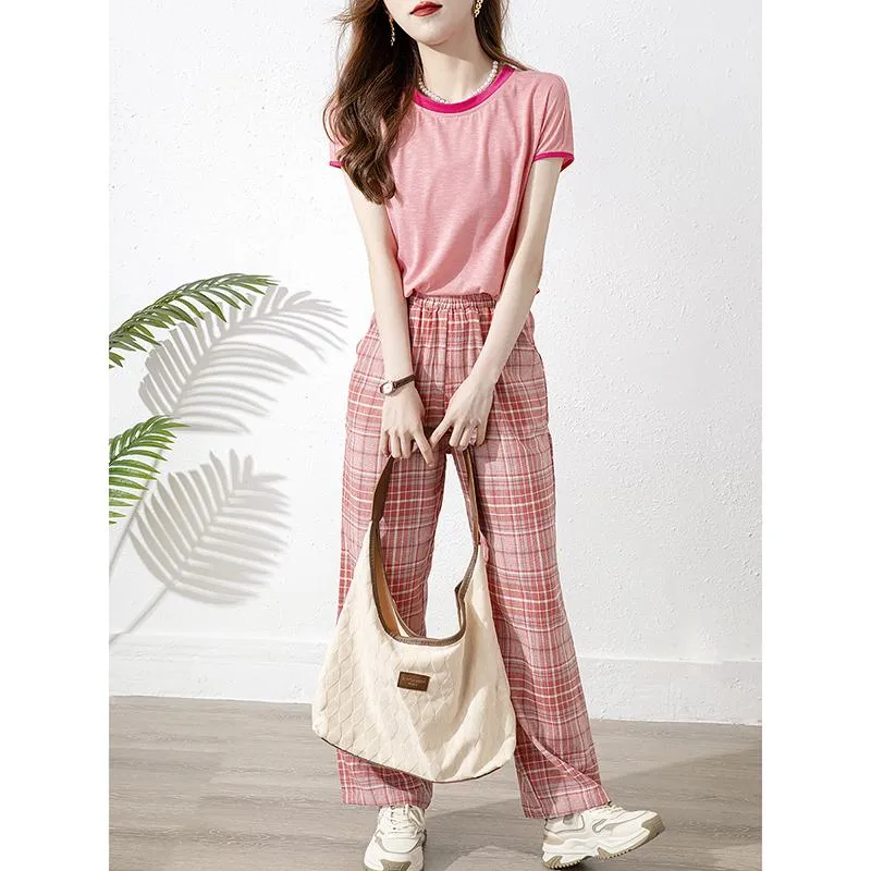 Chic Loose Fit Pink Color Blocking Round Neck Short Sleeve Tee