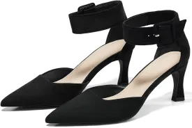Coutgo Womens Kitten Low Heels Closed Pointed Toe Ankle Buckle Strap Pumps Suede Dress Wedding Shoes