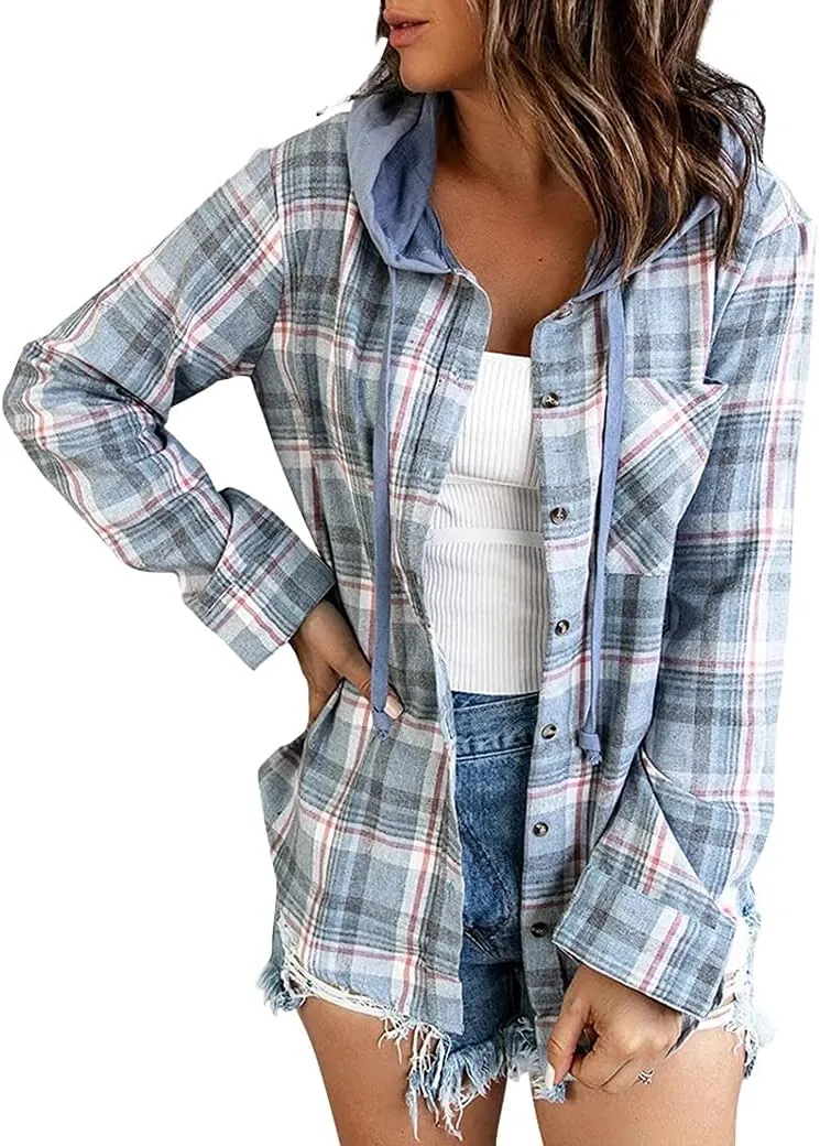 Ezcosplay Women Shacket Flannel Plaid Tops Long Sleeve Plaid Blouse Hood Button Down Casual Shirt Coat