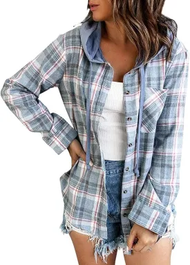 Ezcosplay Women Shacket Flannel Plaid Tops Long Sleeve Plaid Blouse Hood Button Down Casual Shirt Coat