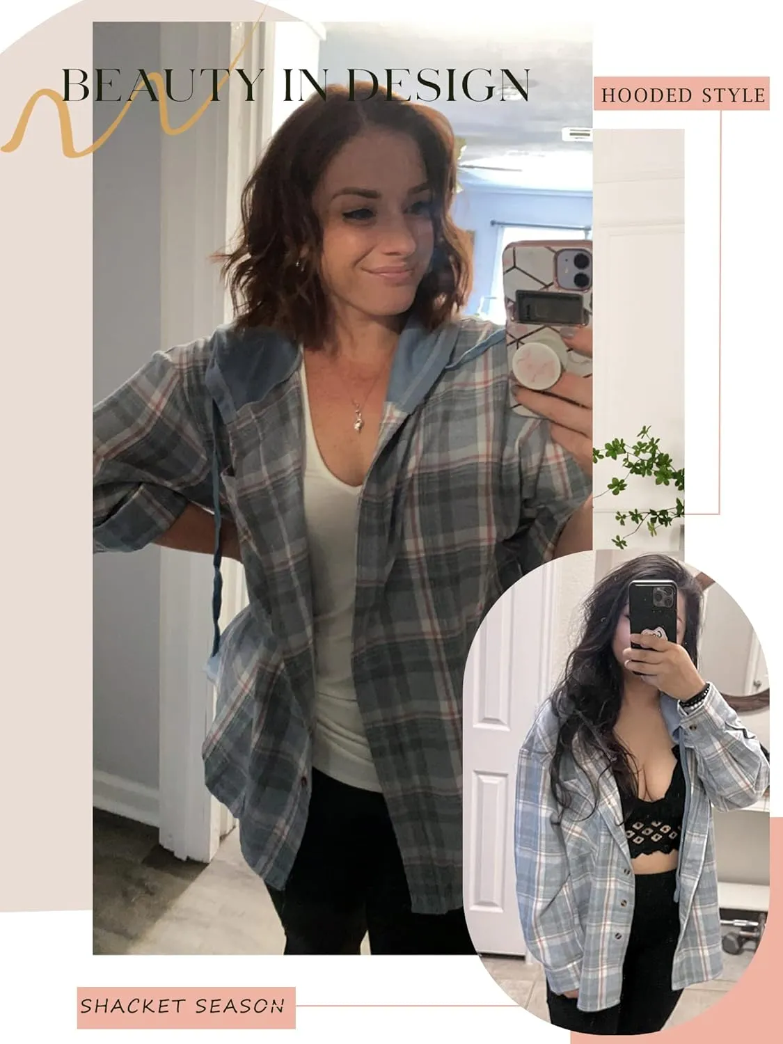 Ezcosplay Women Shacket Flannel Plaid Tops Long Sleeve Plaid Blouse Hood Button Down Casual Shirt Coat