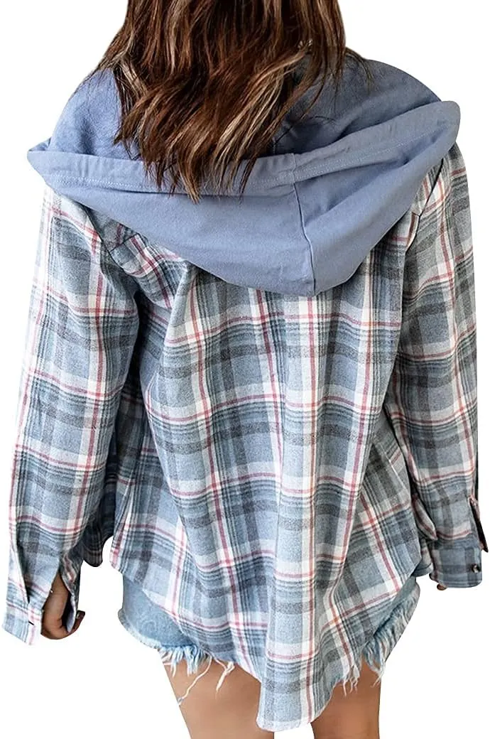 Ezcosplay Women Shacket Flannel Plaid Tops Long Sleeve Plaid Blouse Hood Button Down Casual Shirt Coat