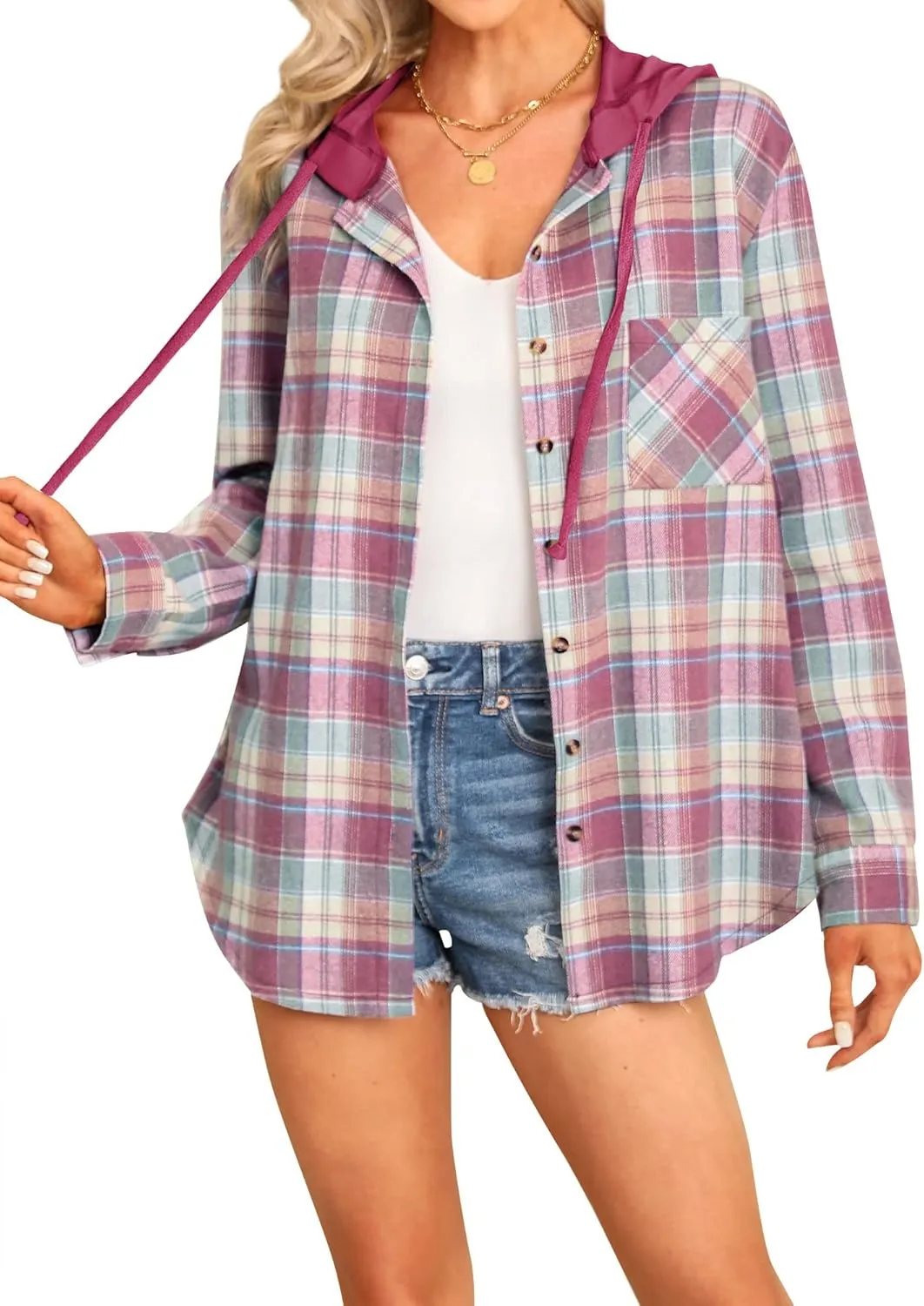 Ezcosplay Women Shacket Flannel Plaid Tops Long Sleeve Plaid Blouse Hood Button Down Casual Shirt Coat