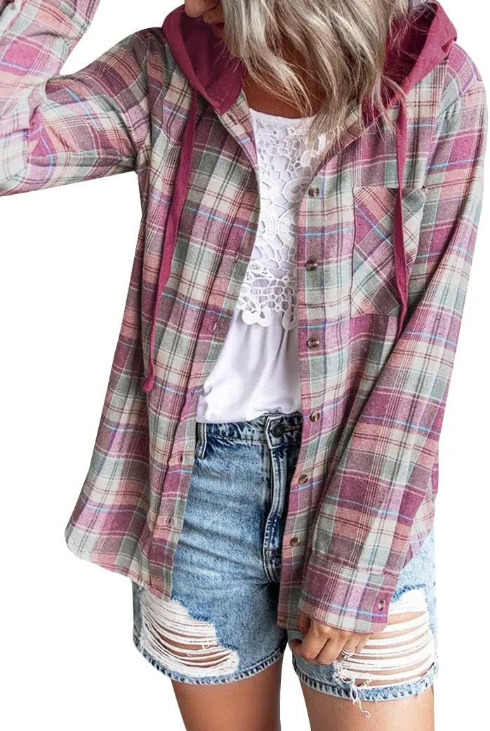 Ezcosplay Women Shacket Flannel Plaid Tops Long Sleeve Plaid Blouse Hood Button Down Casual Shirt Coat
