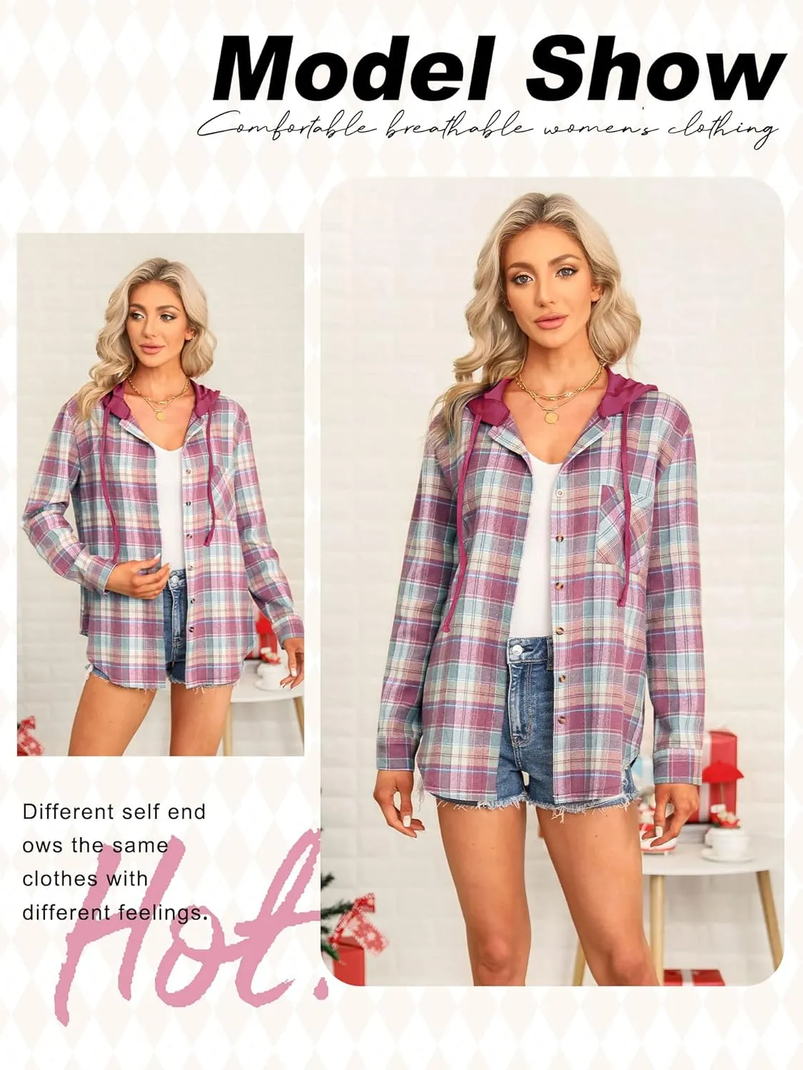 Ezcosplay Women Shacket Flannel Plaid Tops Long Sleeve Plaid Blouse Hood Button Down Casual Shirt Coat