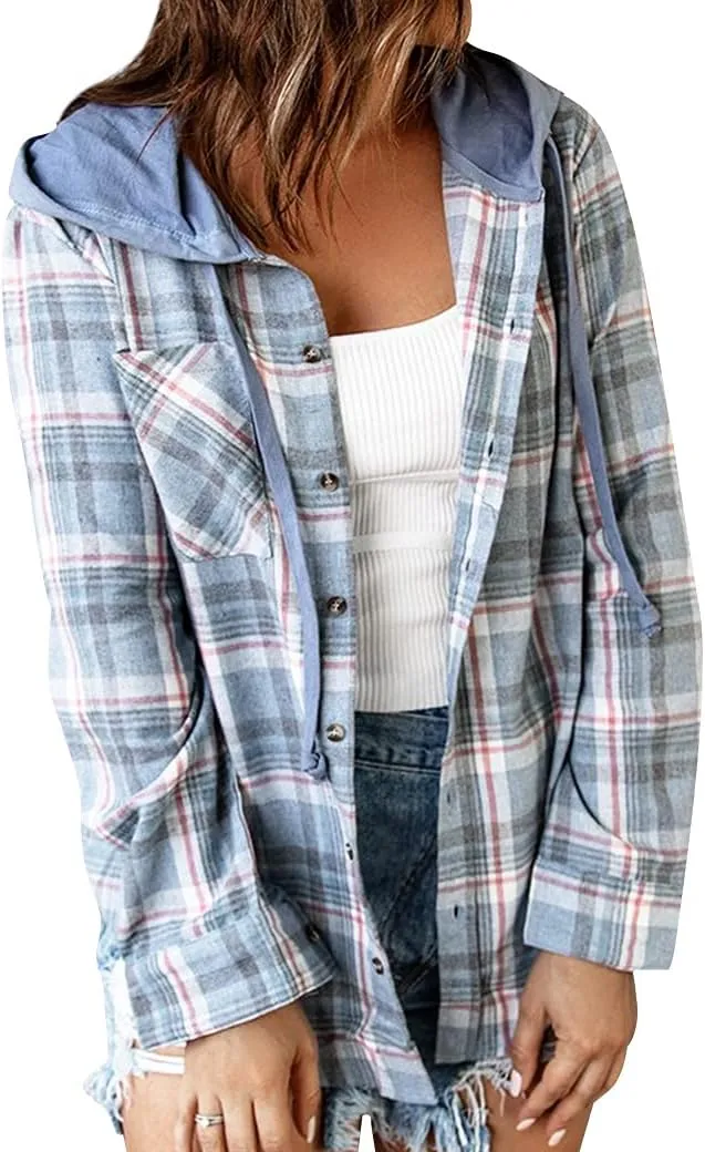Ezcosplay Women Shacket Flannel Plaid Tops Long Sleeve Plaid Blouse Hood Button Down Casual Shirt Coat