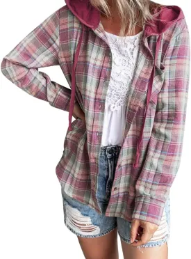 Ezcosplay Women Shacket Flannel Plaid Tops Long Sleeve Plaid Blouse Hood Button Down Casual Shirt Coat