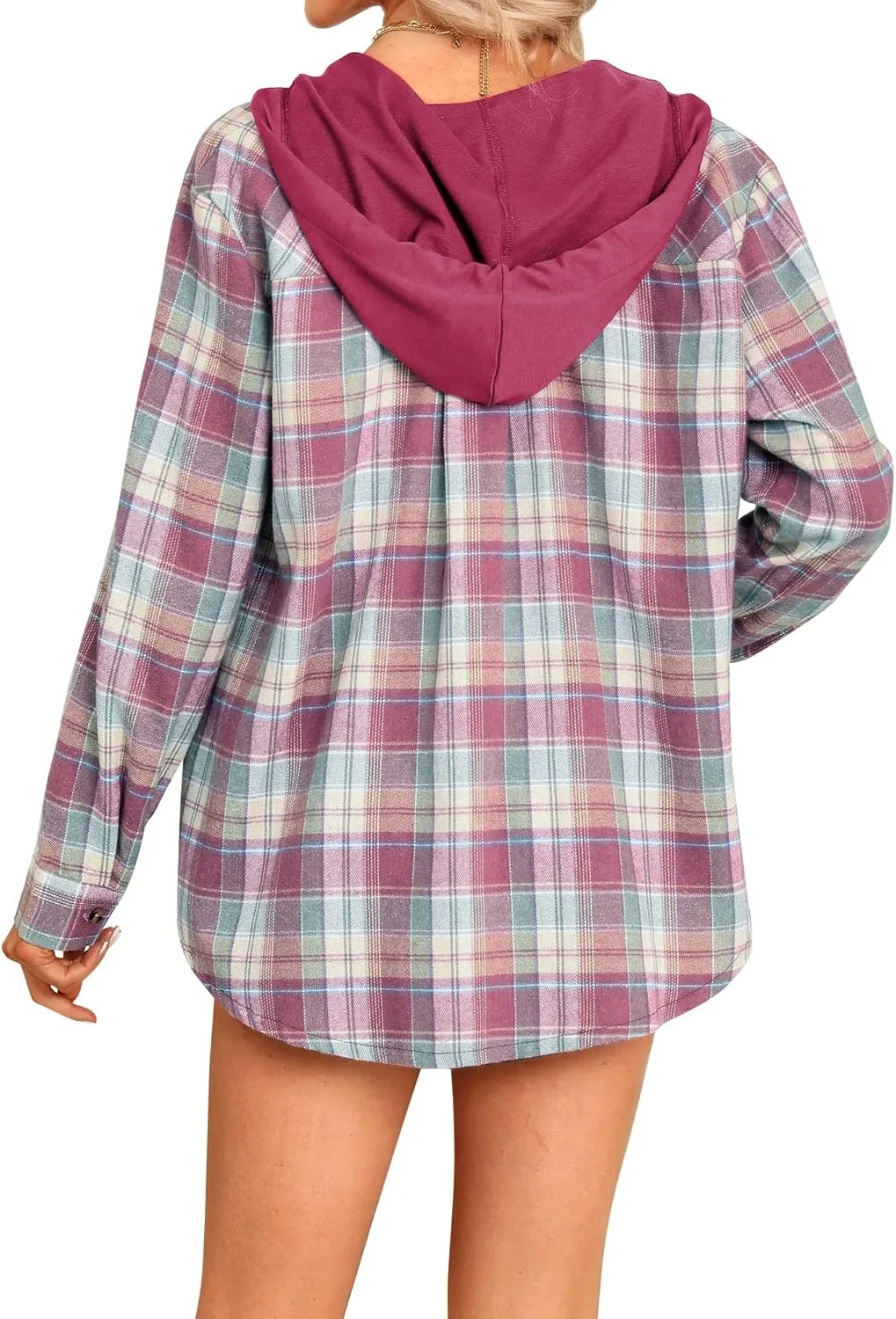 Ezcosplay Women Shacket Flannel Plaid Tops Long Sleeve Plaid Blouse Hood Button Down Casual Shirt Coat