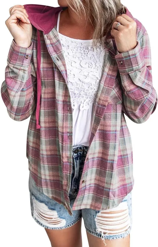 Ezcosplay Women Shacket Flannel Plaid Tops Long Sleeve Plaid Blouse Hood Button Down Casual Shirt Coat