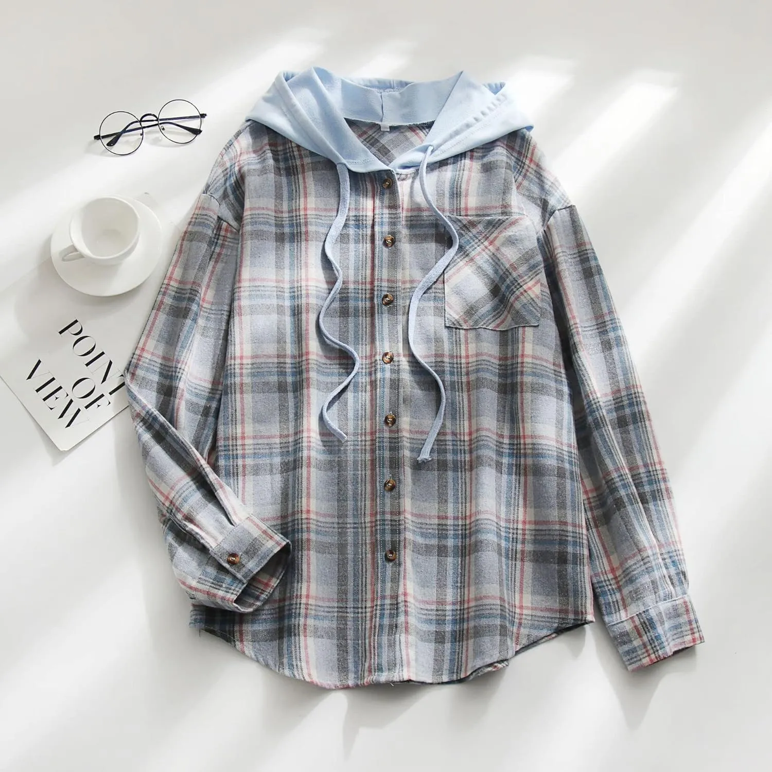 Ezcosplay Women Shacket Flannel Plaid Tops Long Sleeve Plaid Blouse Hood Button Down Casual Shirt Coat