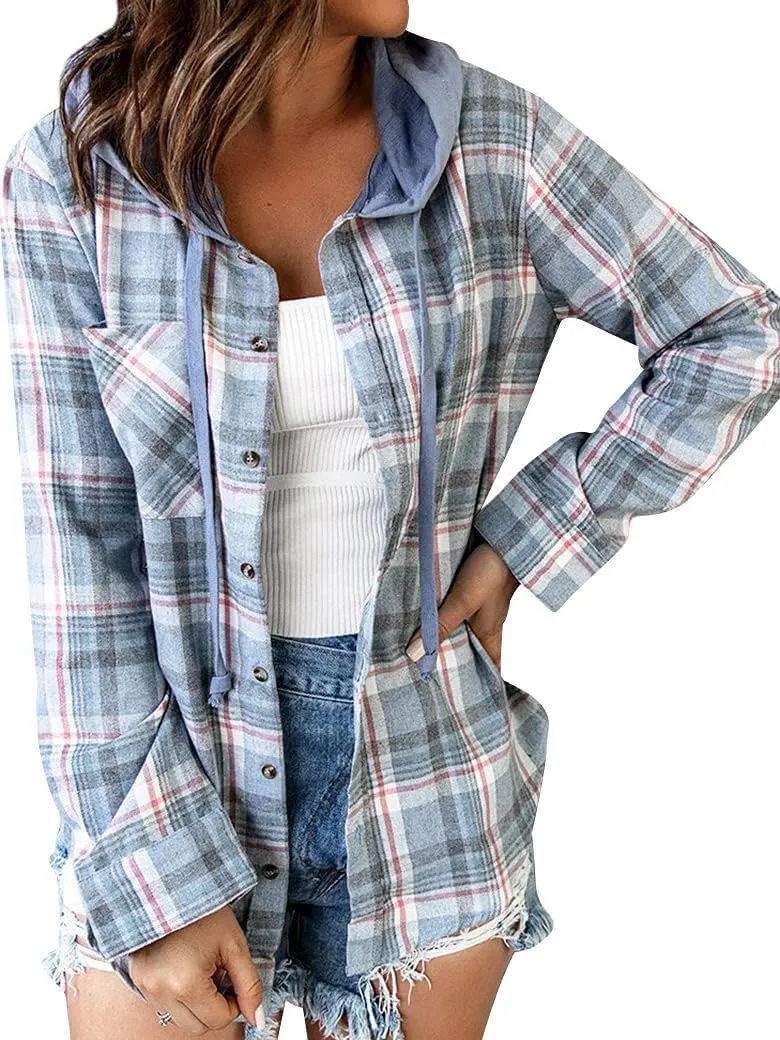 Ezcosplay Women Shacket Flannel Plaid Tops Long Sleeve Plaid Blouse Hood Button Down Casual Shirt Coat