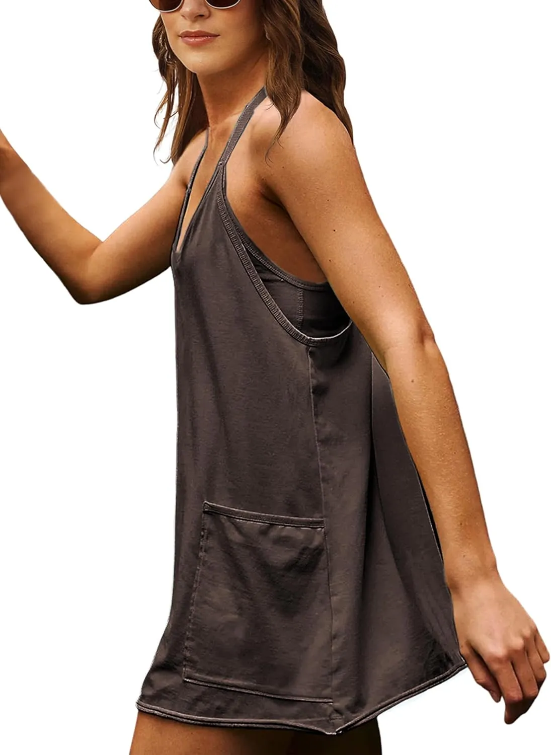 Faleave Women's Summer Sleeveless Mini Dress Athletic Spaghetti Strap Built-in Shorts Tennis Sundress with Pockets