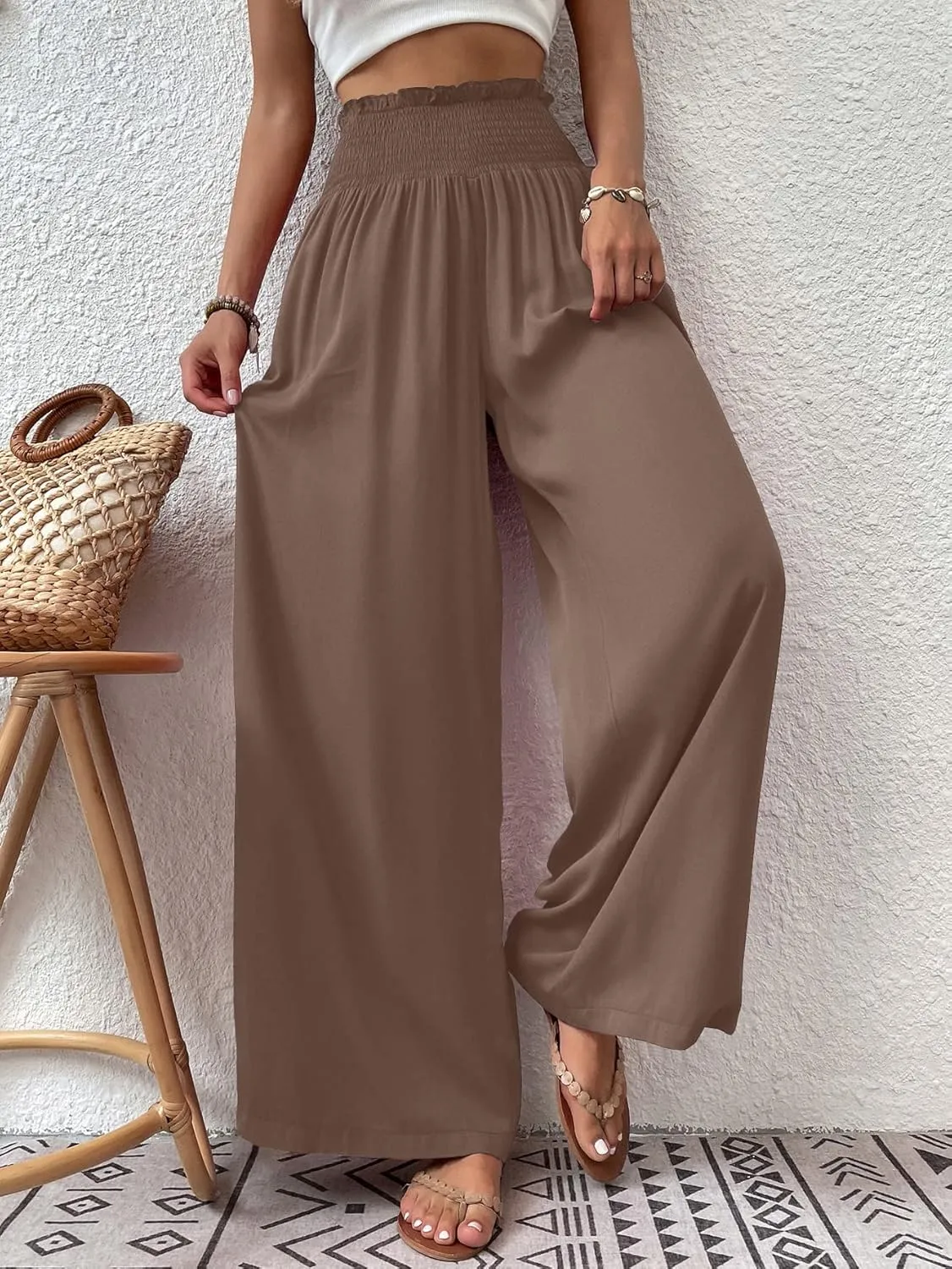 Febriajuce Womens High Waist Wide Leg Pants Smocked Elastic Waist Flowy Palazzo Lounge Pants Loose Trousers with Pockets