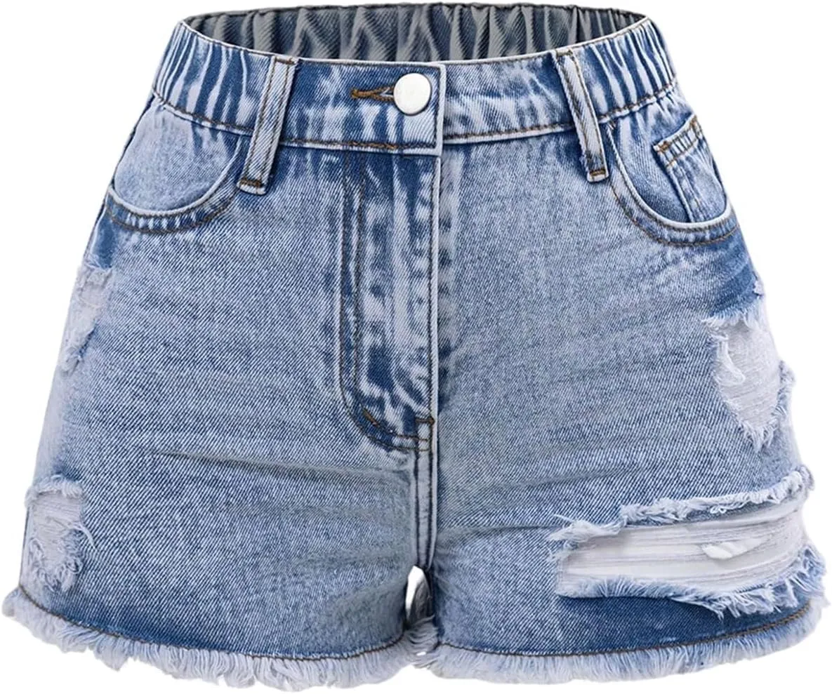 Floerns Girl's Ripped Raw Hem Elastic Waist Straight Leg Denim Shorts with Pockets