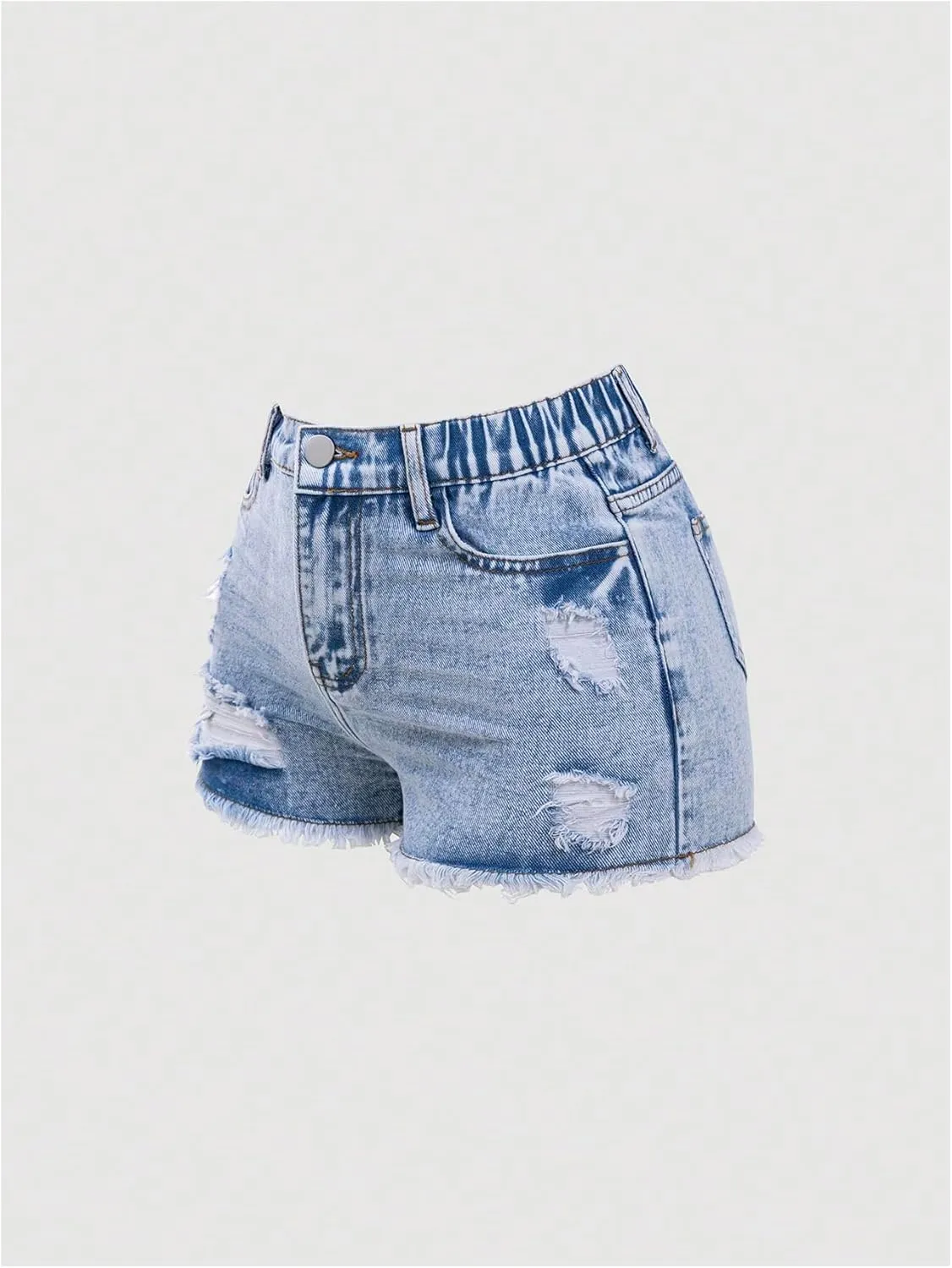 Floerns Girl's Ripped Raw Hem Elastic Waist Straight Leg Denim Shorts with Pockets