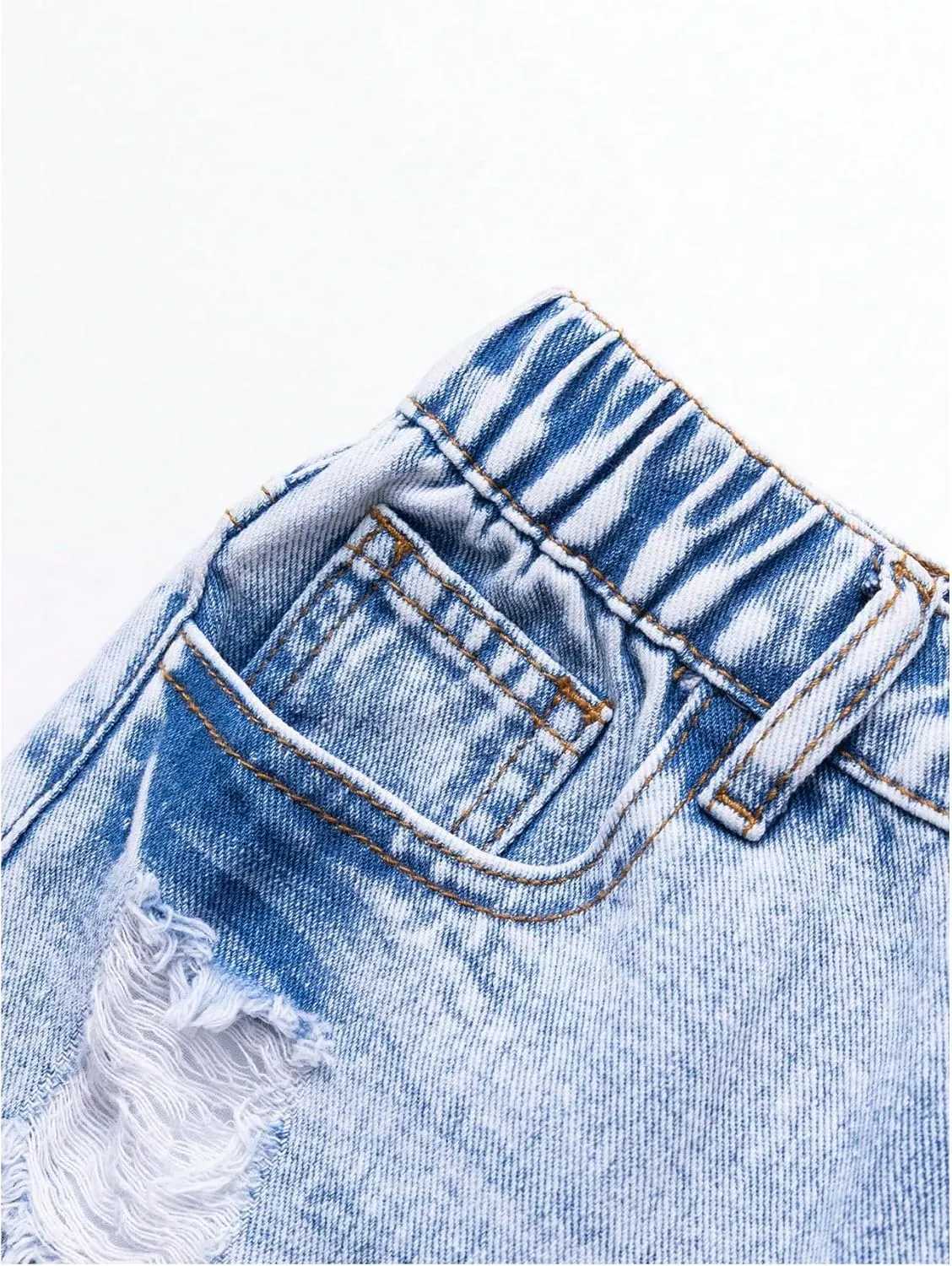 Floerns Girl's Ripped Raw Hem Elastic Waist Straight Leg Denim Shorts with Pockets