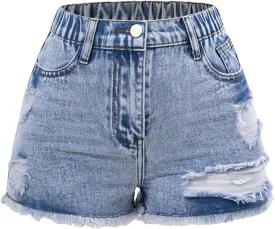 Floerns Girl's Ripped Raw Hem Elastic Waist Straight Leg Denim Shorts with Pockets