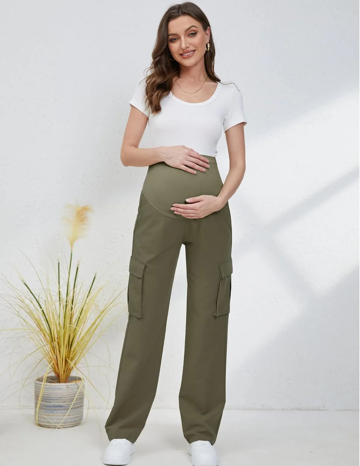 GLAMIX Women's Maternity Cargo Pants with Four Pockets Over The Belly Scrub Pants Pregnancy Clothes