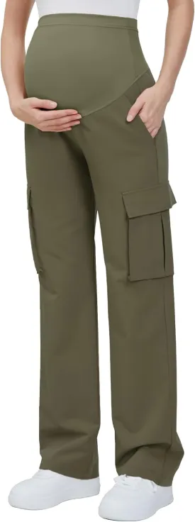 GLAMIX Women's Maternity Cargo Pants with Four Pockets Over The Belly Scrub Pants Pregnancy Clothes