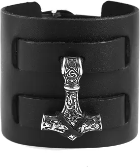 HAQUIL Viking Bracelet for Men - Mjolnir Pendant, Nordic Wide Leather Wristband, Men's Jewelry