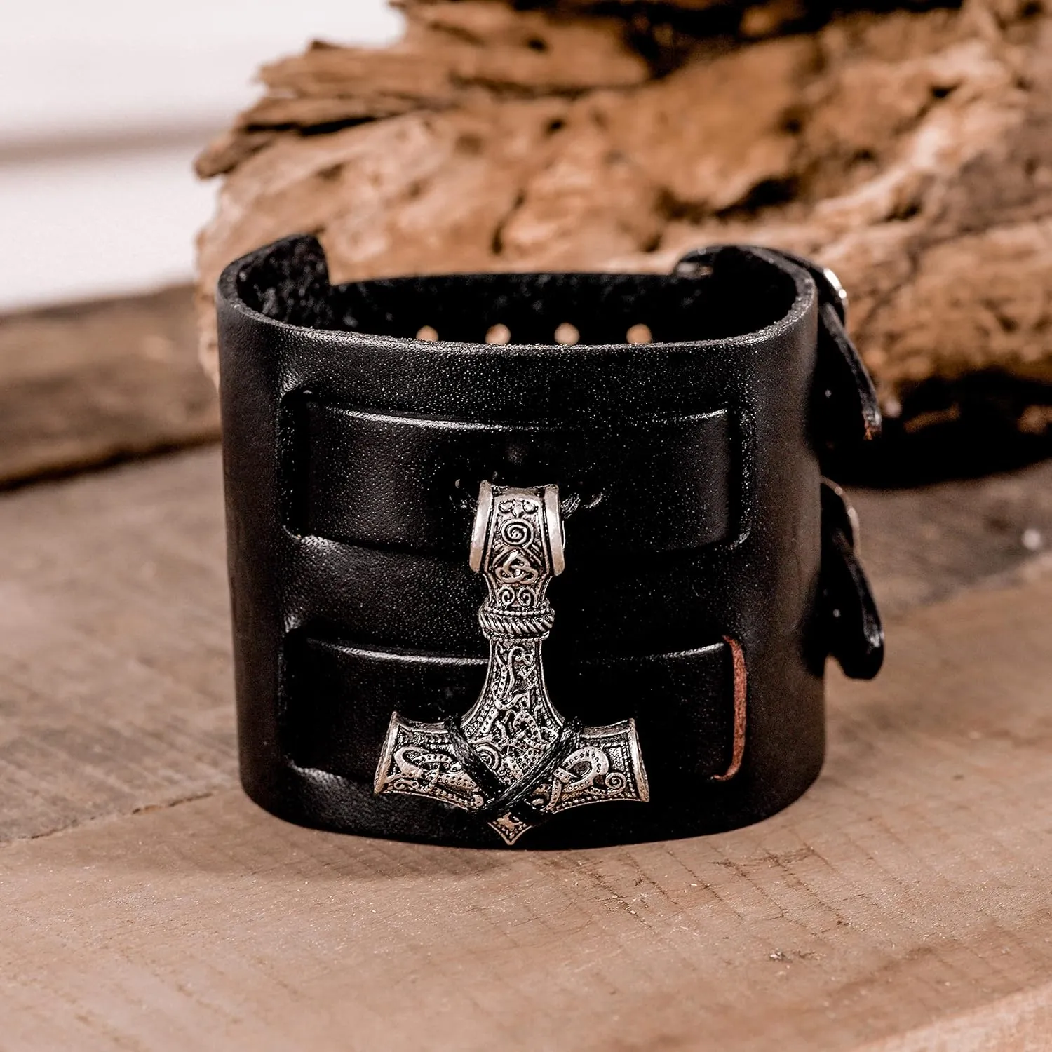 HAQUIL Viking Bracelet for Men - Mjolnir Pendant, Nordic Wide Leather Wristband, Men's Jewelry