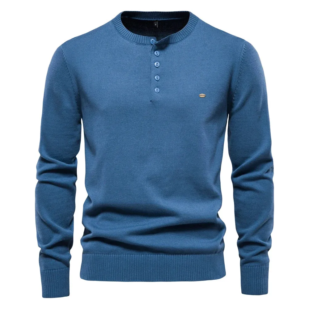 Henley Collar Men Sweaters 100% Cotton Solid Color Casual Men's Pullovers New Autumn Thin High Quality Sweaters for Men