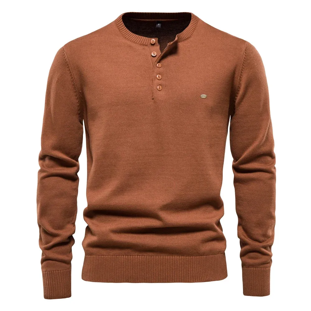 Henley Collar Men Sweaters 100% Cotton Solid Color Casual Men's Pullovers New Autumn Thin High Quality Sweaters for Men