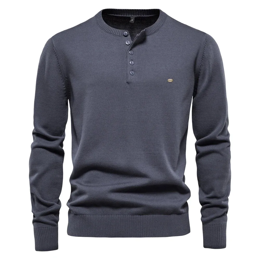 Henley Collar Men Sweaters 100% Cotton Solid Color Casual Men's Pullovers New Autumn Thin High Quality Sweaters for Men