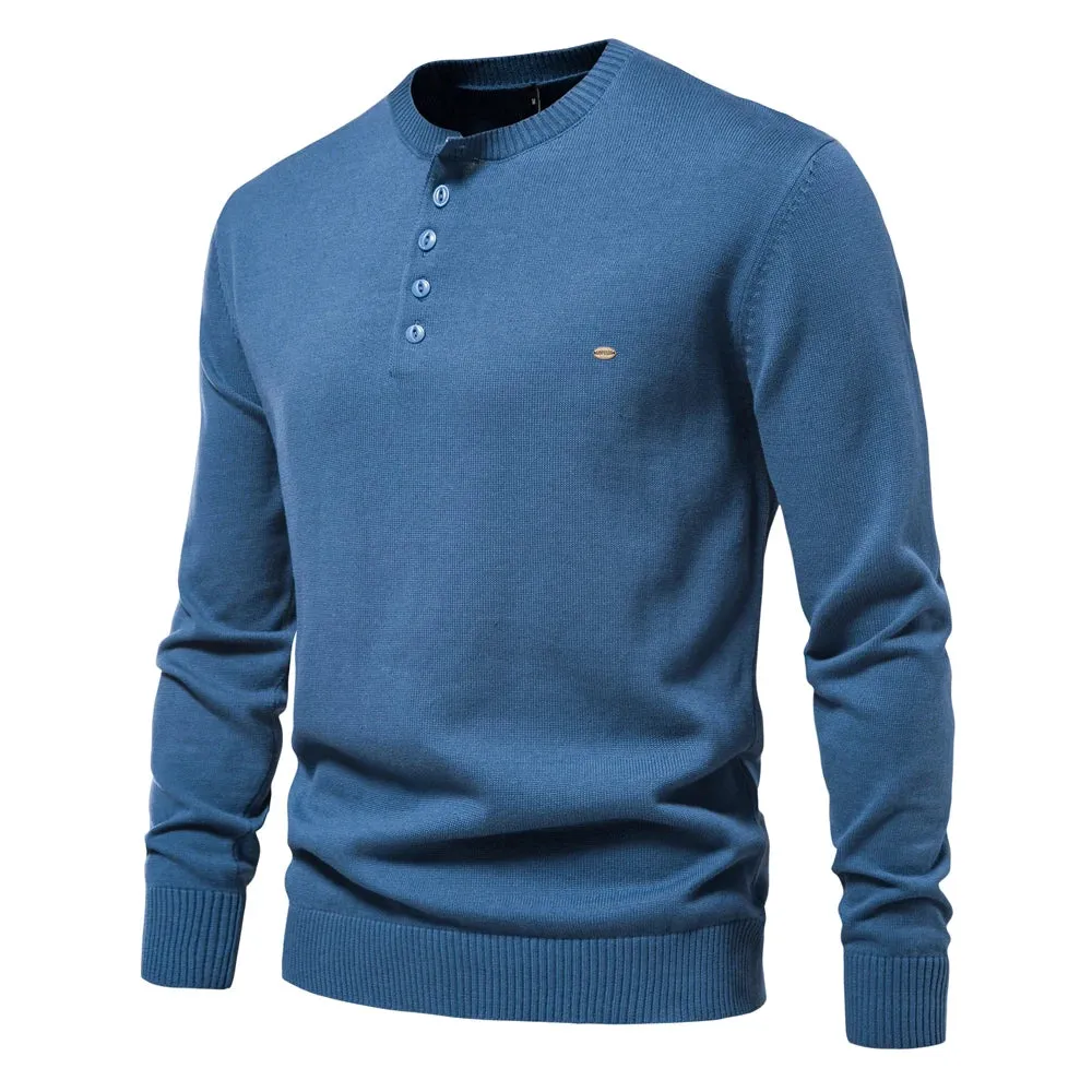 Henley Collar Men Sweaters 100% Cotton Solid Color Casual Men's Pullovers New Autumn Thin High Quality Sweaters for Men