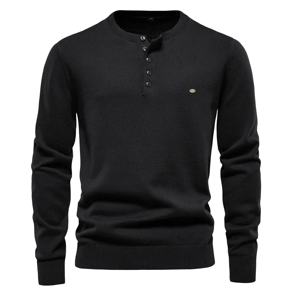 Henley Collar Men Sweaters 100% Cotton Solid Color Casual Men's Pullovers New Autumn Thin High Quality Sweaters for Men