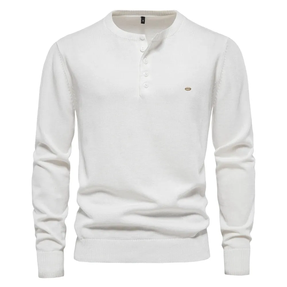 Henley Collar Men Sweaters 100% Cotton Solid Color Casual Men's Pullovers New Autumn Thin High Quality Sweaters for Men