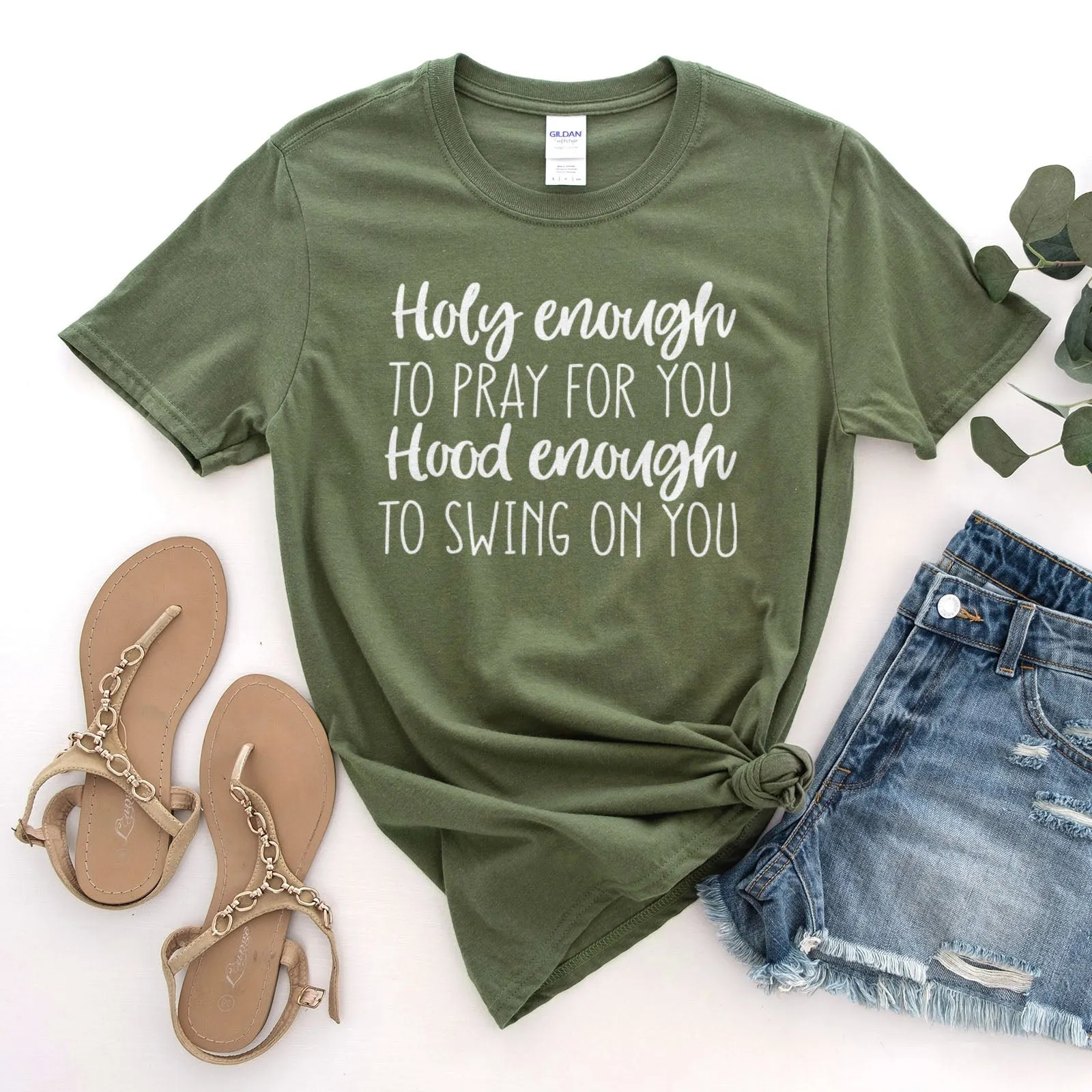 Holy Enough to Pray for You Hood Enough to Swing on You Tee Shirts For Women - Christian Shirts for Women - Religious Tee Shirts