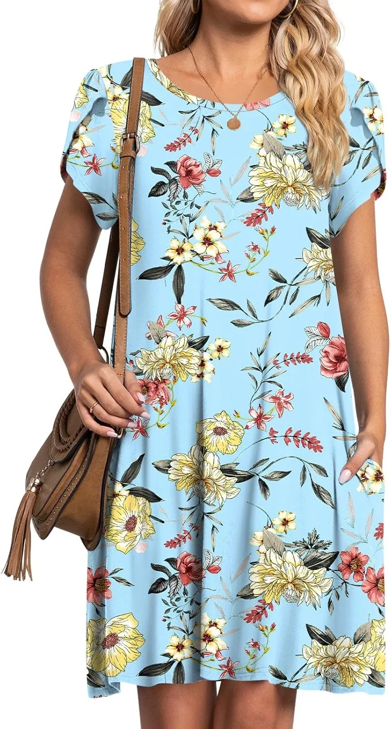 HOTGIFT 2025 Womens Dress Summer Short Sleeve Crewneck Sundress with Pockets M-4XL