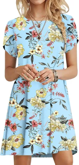 HOTGIFT 2025 Womens Dress Summer Short Sleeve Crewneck Sundress with Pockets M-4XL