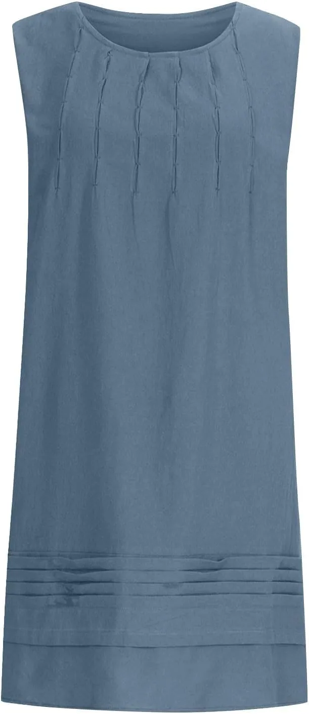 JOAU Cotton Linen Tank Dress for Women Pleated Summer Crewneck Sleeveless Sundress Beach Vacation Casual Knee Length Dresses