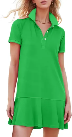 Kissonic Women's Polo Dress Short Sleeve V Neck Ruffle Hem Casual Summer Golf Tennis Mini Shirt Dresses