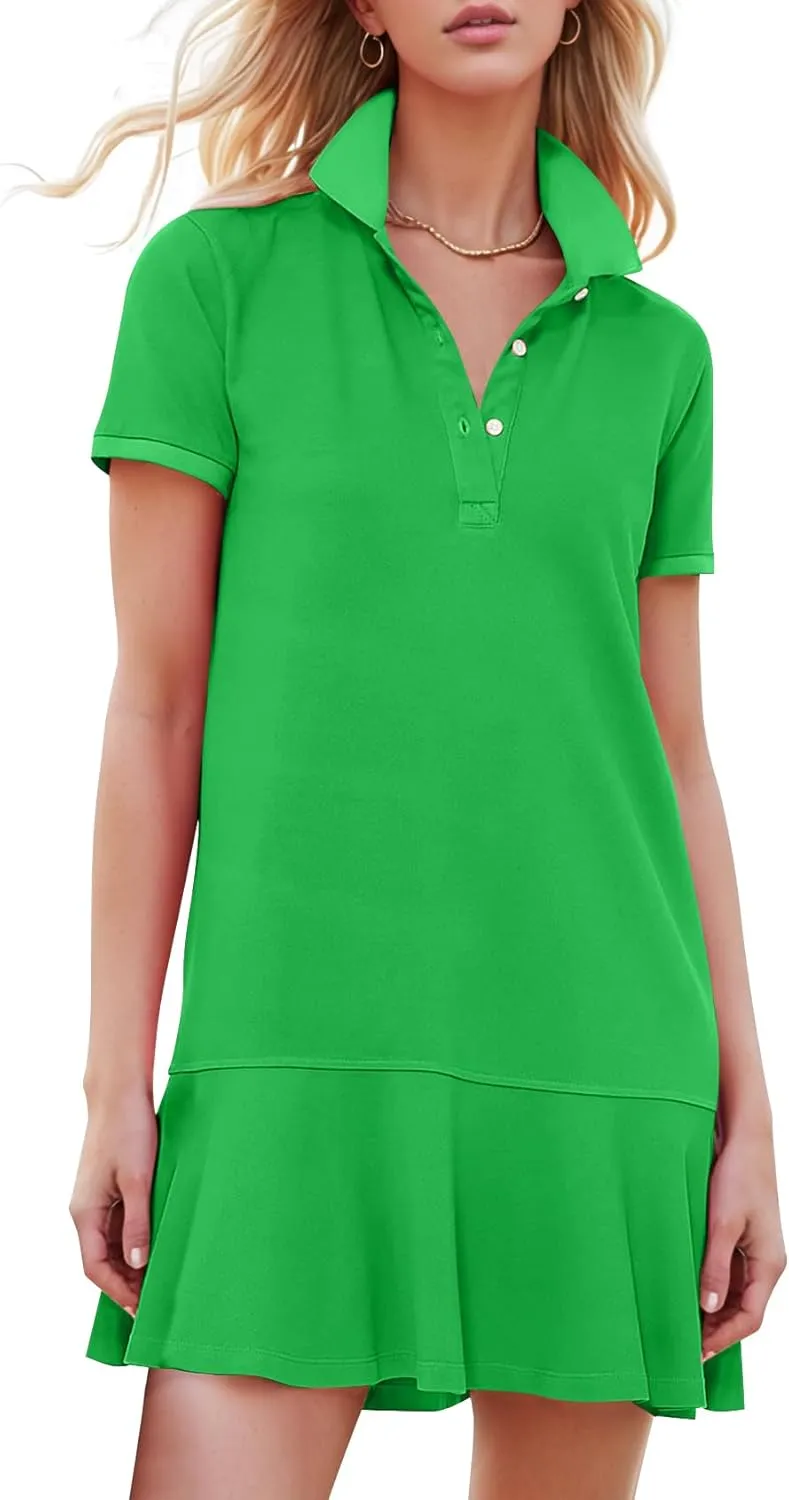 Kissonic Women's Polo Dress Short Sleeve V Neck Ruffle Hem Casual Summer Golf Tennis Mini Shirt Dresses