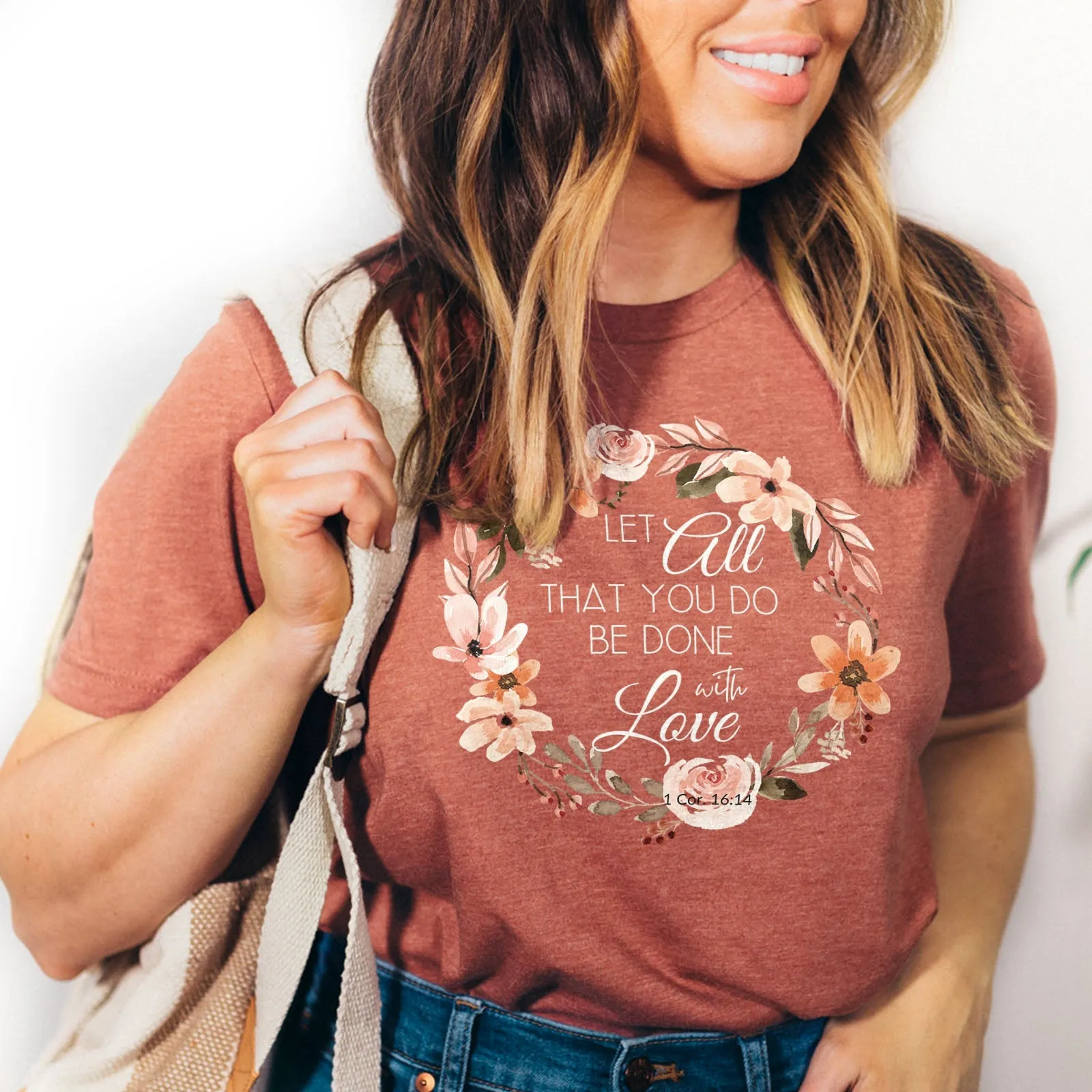 Let All That You Do Be Done With Love 1 Corinthians 16:14 Pink Wreath Tee Shirts For Women - Christian Shirts for Women