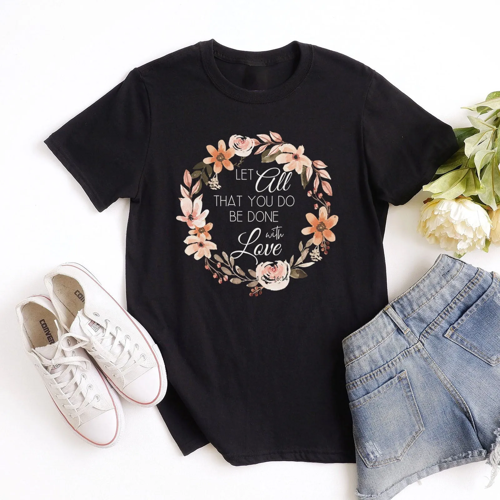 Let All That You Do Be Done With Love 1 Corinthians 16:14 Pink Wreath Tee Shirts For Women - Christian Shirts for Women