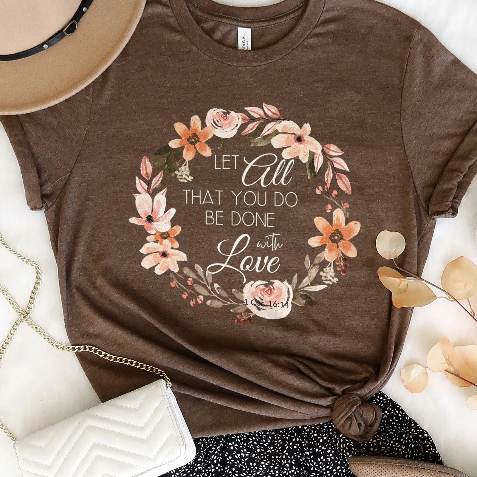 Let All That You Do Be Done With Love 1 Corinthians 16:14 Pink Wreath Tee Shirts For Women - Christian Shirts for Women