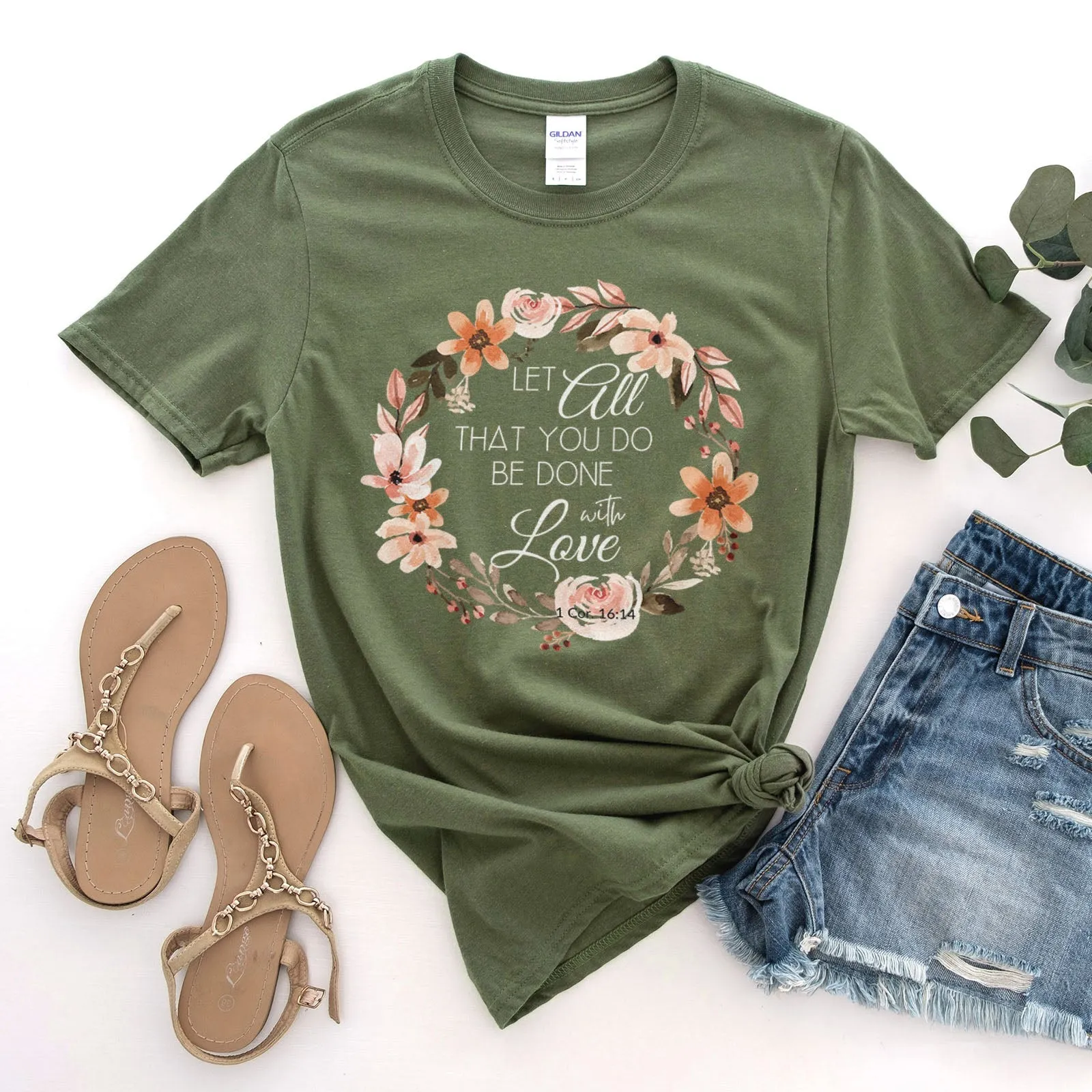 Let All That You Do Be Done With Love 1 Corinthians 16:14 Pink Wreath Tee Shirts For Women - Christian Shirts for Women