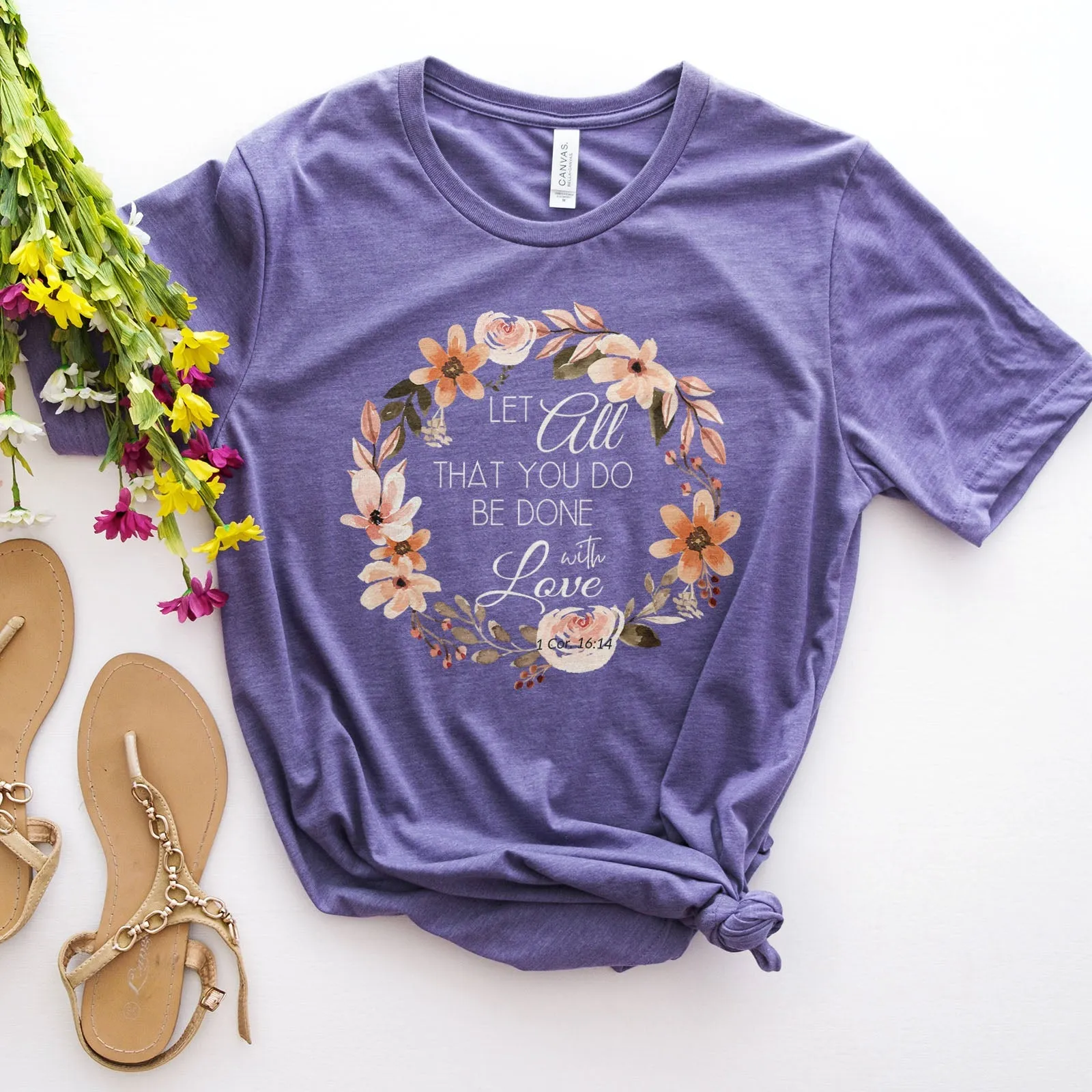 Let All That You Do Be Done With Love 1 Corinthians 16:14 Pink Wreath Tee Shirts For Women - Christian Shirts for Women