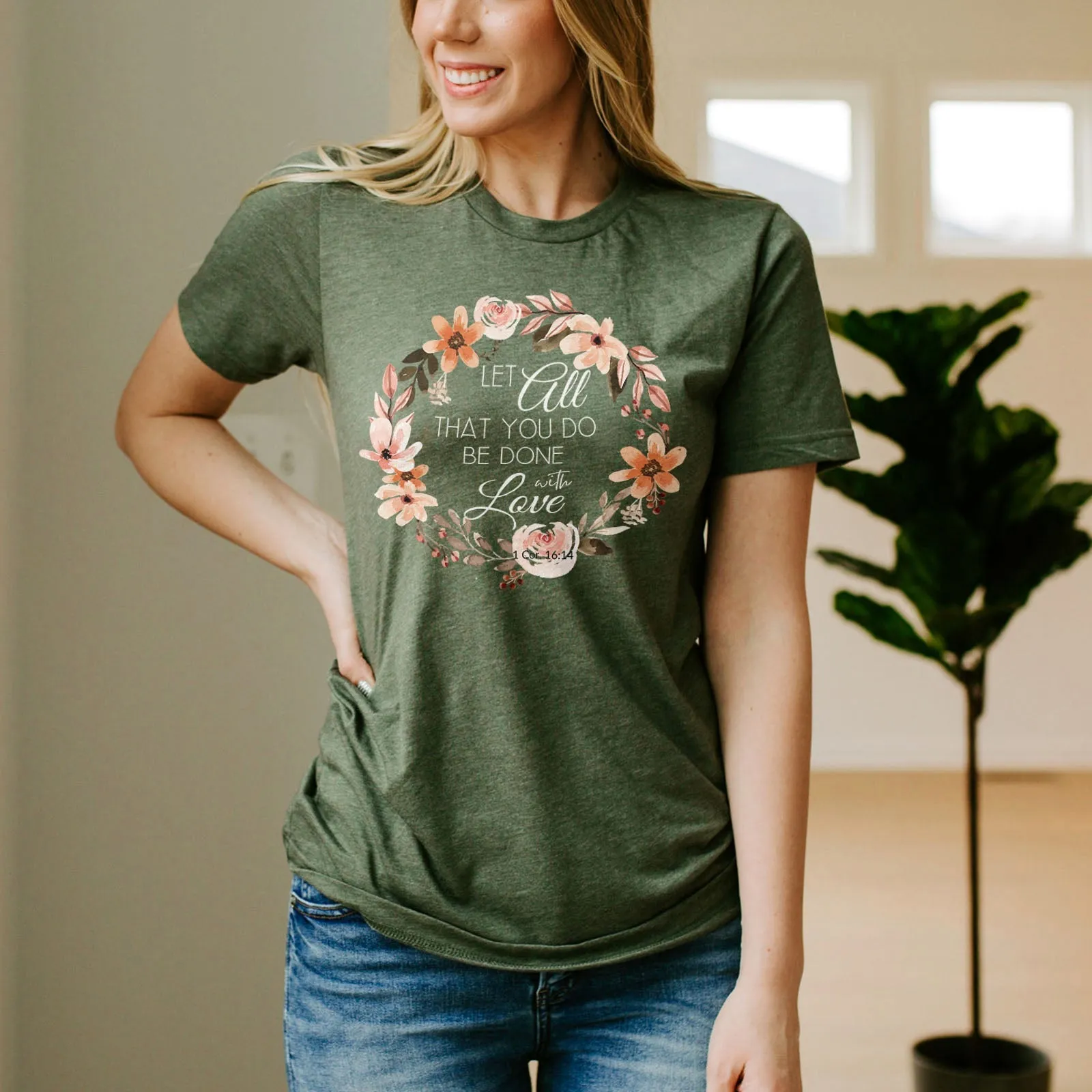 Let All That You Do Be Done With Love 1 Corinthians 16:14 Pink Wreath Tee Shirts For Women - Christian Shirts for Women