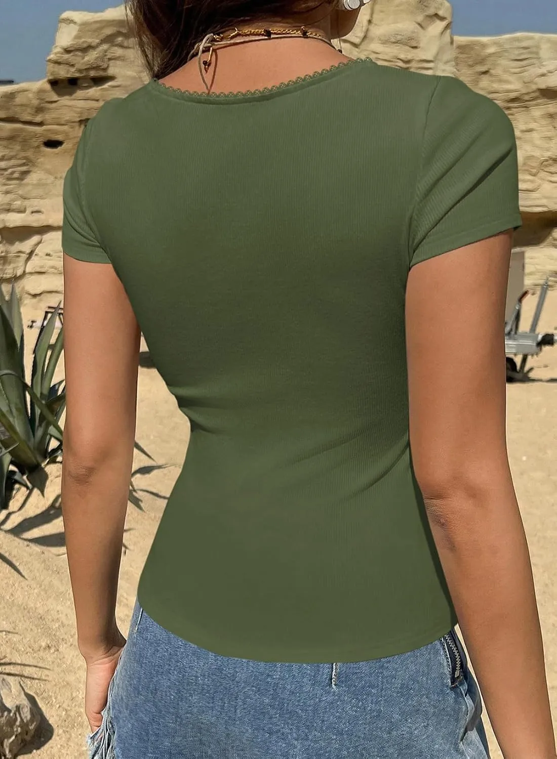 LOLONG Womens Short Sleeve Ribbed T Shirts Summer Casual Square Neck Lace Patchwork Tops